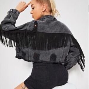 Black Fringe Distressed Denim Jacket